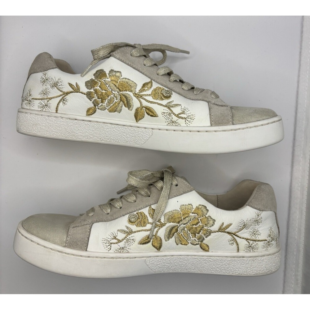 JOHNNY WAS Embroidered Leather Sneakers Vixie Floral Gold Gray - Size 9 White - Picture 4 of 12